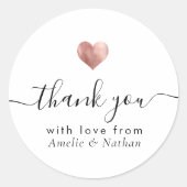 Sticker Rond Merci moderne Script Rose Gold Heart Mariage (Devant)