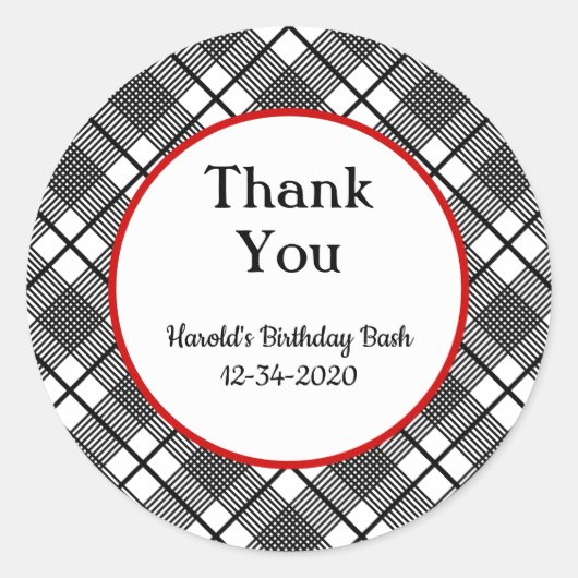 Sticker Rond Merci modifiable du Motif plaqué noir et blanc (Devant)