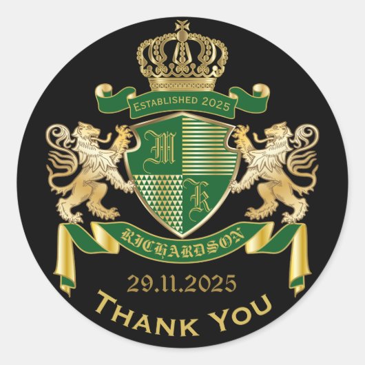 Sticker Rond Merci Monogramme Blason Vert Or Griffon (Devant)