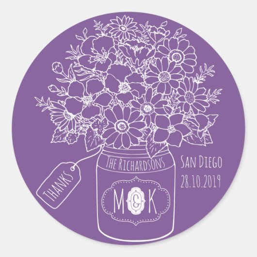 Sticker Rond Merci Monogramme Fleurs sauvages Bouquet Mason Jar (Devant)