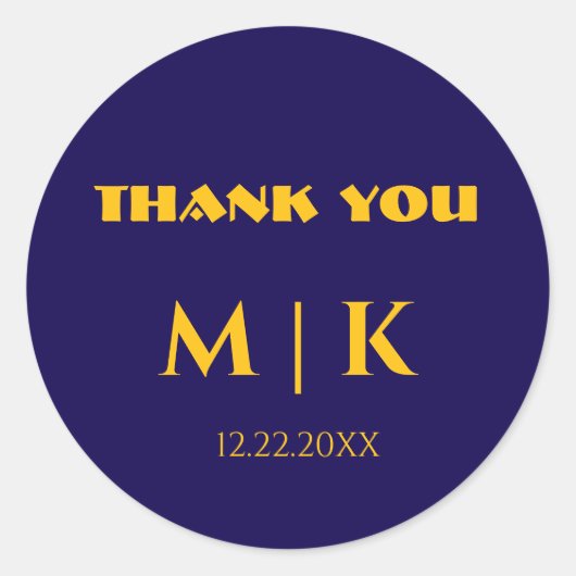 Sticker Rond Merci Monogrammes Mariage or jaune bleu (Devant)