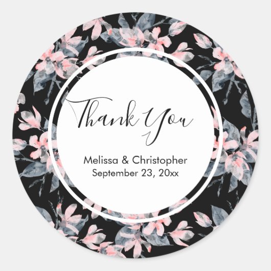 Sticker Rond Merci Motif rose et gris en aquarelle (Devant)