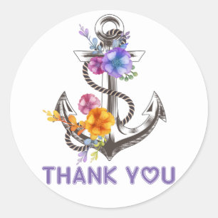 Sticker Rond Merci Nautilus Ancre de Bateau Floral Violet