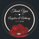 Sticker Rond Merci noir argent rose Mariage phoques<br><div class="desc">Personnalisez ces autocollants / sceaux de mariage personnalisés pour vos faveurs d'invités. Noir moderne et or avec rubis,  rose fraise fleur fleurie pour cette touche élégante. Parfait pour ce mariage classe. Tout le texte peut être modifié. Trouvé dans 'Wedding STICKERS & ÉTIQUETTES collection.</div>