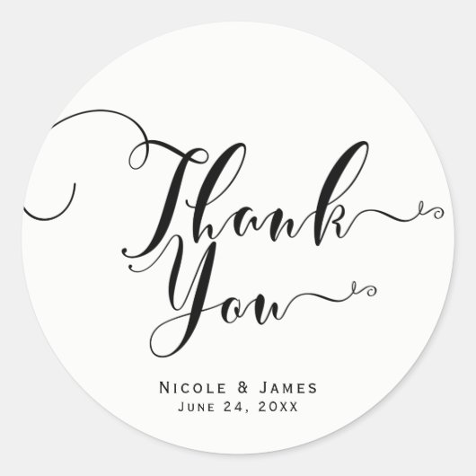 Sticker Rond Merci noir blanc Script personnalisé mariage Favor (Devant)