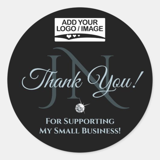 Sticker Rond Merci noir bleu clair Rhinestone Glam Élégant (Devant)