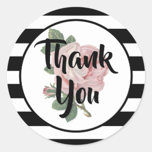 Sticker Rond Merci noir et blanc rose Rose Vintage