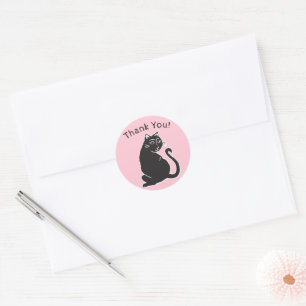 Sticker Rond Merci noir rose chat