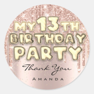 Sticker Rond Merci Nom 14e Anniversaire Fête Paillettes Gouttes