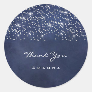 Sticker Rond Merci Nom 16e Mariage Bleu Nuit Étincelle