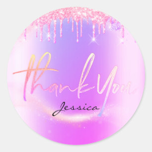 Sticker Rond Merci Nom 16e Parties scintillant violet rose nupt
