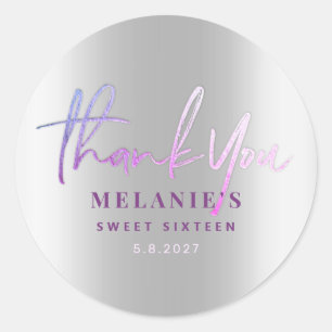 Sticker Rond Merci Nom 16ème Mariage Violet Argent