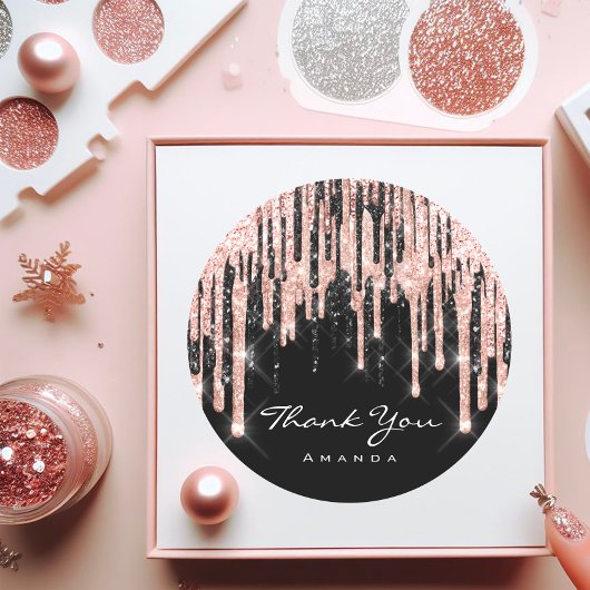 Sticker Rond Merci Nom 16ème Rose Pailletée pour la Fête de Mar