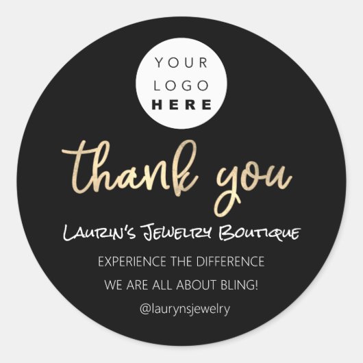Sticker Rond Merci Nom commercial Logo Code QR Script noir (Devant)