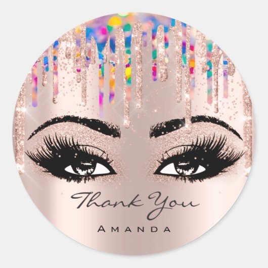 Sticker Rond Merci Nom Confetti Rose Parties scintillant Eyelas (Devant)
