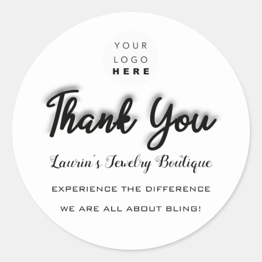 Sticker Rond Merci Nom du script Boutique Noir Blanc Simplement (Devant)