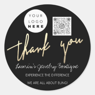 Sticker Rond Merci Nom du script Logo Qr Code en ligne Noir