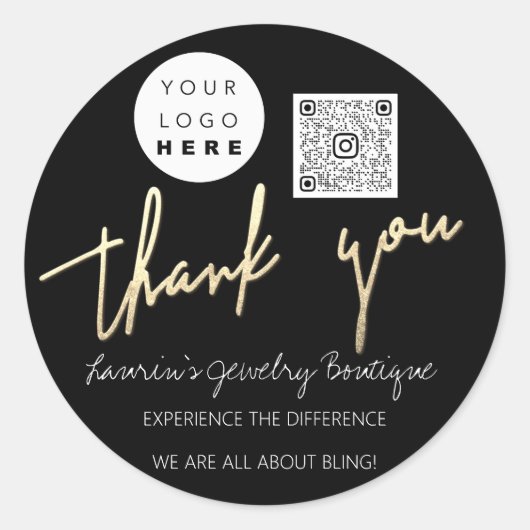 Sticker Rond Merci Nom du script Logo Qr Code en ligne Noir (Devant)