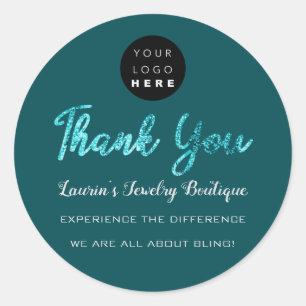 Sticker Rond Merci Nom du script Magasiner Turquoise logo bleu