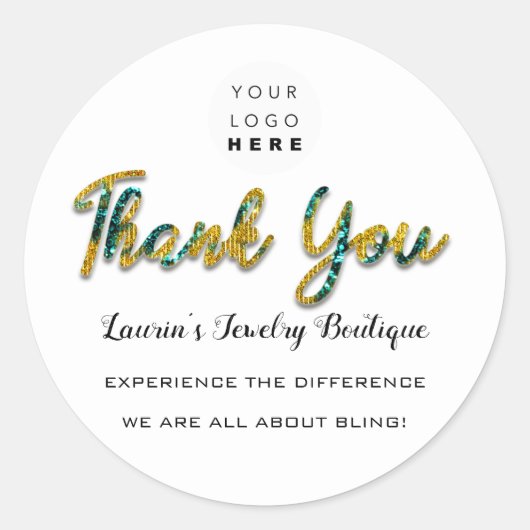 Sticker Rond Merci Nom du script Shop Web Logo Turquoise Gold (Devant)