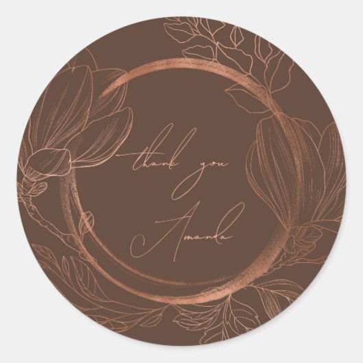 Sticker Rond Merci Nom Floral Cuivre MarronMariage Nuptial (Devant)