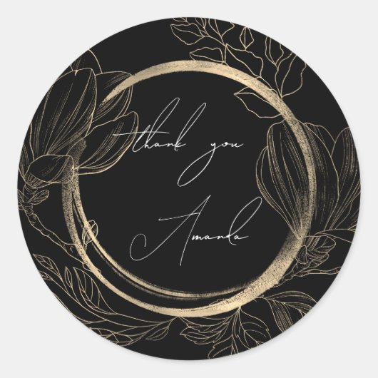 Sticker Rond Merci Nom Floral Noir Blanc Or (Devant)