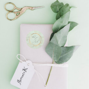 Sticker Rond Merci Nom Floral Vert Or Mariage Nuptial