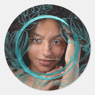 Sticker Rond Merci Nom Magnolia Jardin Floral Bleu Sarcelle 
