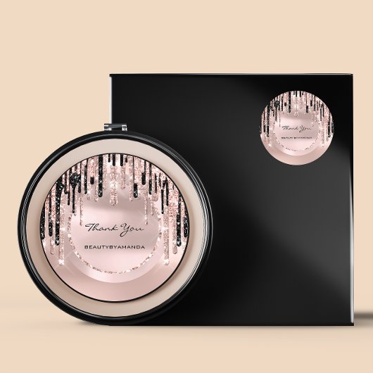 Sticker Rond Merci Nom Maquilleuse Drips Rose Pailleté