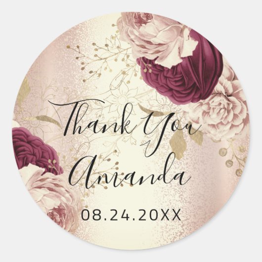 Sticker Rond Merci Nom Rose Gold Florales Marsala (Devant)