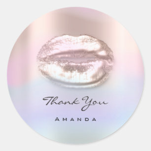 Sticker Rond Merci Nom Rose unique Holographe Kiss Lips