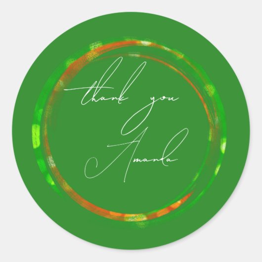 Sticker Rond Merci Nom Vert Cuivre Orange Bois (Devant)