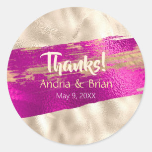 Sticker Rond Merci Noms Date Fuchsia & Métallic Faux