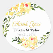 Sticker Rond Merci, Noms et Date Jaune Fleurs W/C Mariage (Devant)