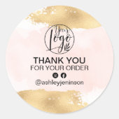 Sticker Rond Merci or brosse rose d'aquarelle (Devant)