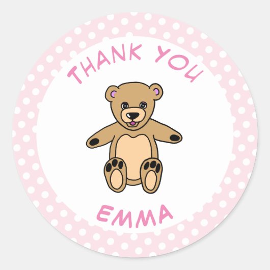 Sticker Rond Merci Ours En Teddy Pink Poka Point (Devant)