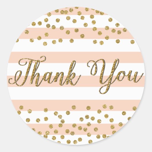 Sticker Rond Merci Peach White Stripe Gold Confetti Party (Devant)