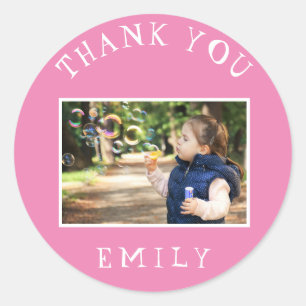 Sticker Rond Merci photo fille enfant rose mignonne