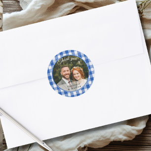 Sticker Rond Merci Photo Gingham Bleu