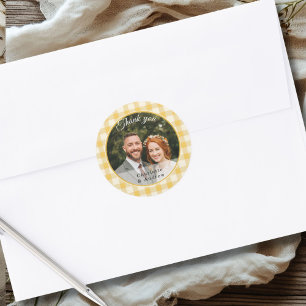 Sticker Rond Merci Photo Gingham Jaune