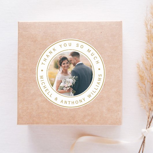 Sticker Rond Merci photo Mariage Gold Modern