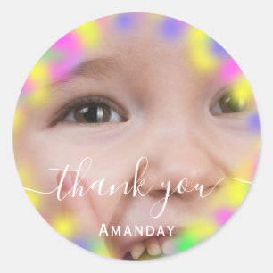 Sticker Rond Merci photo Neon rose fête d'anniversaire Unicorn