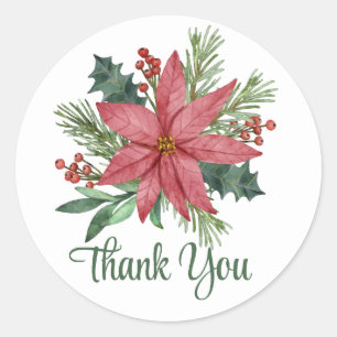 Sticker Rond Merci Poinsettia Rouge Noël Floral Mariage