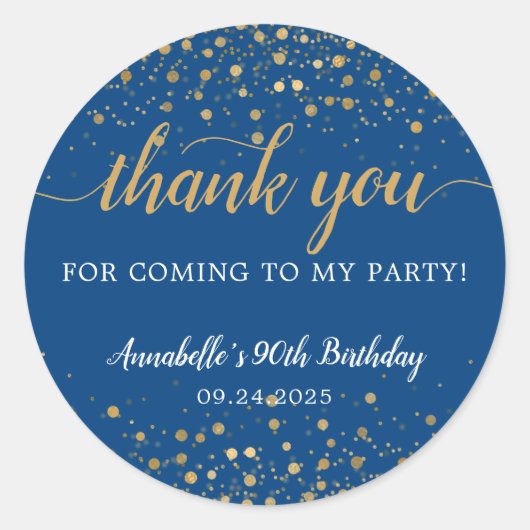 Sticker Rond Merci Pour Arrivée Gold Confetti Bleu Anniversaire (Devant)