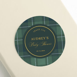 Sticker Rond Merci pour la Baby Shower Polo Tartan Vert Foncé