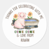 Sticker Rond Merci pour l'Anniversaire de la ferme de cochon (Devant)