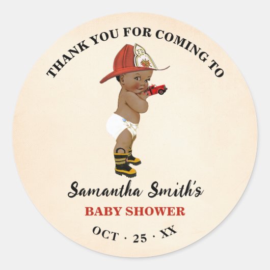 Sticker Rond Merci pour le Baby shower d'un pompier (Devant)