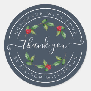 Sticker Rond Merci pour Noël Navy Blue Holly