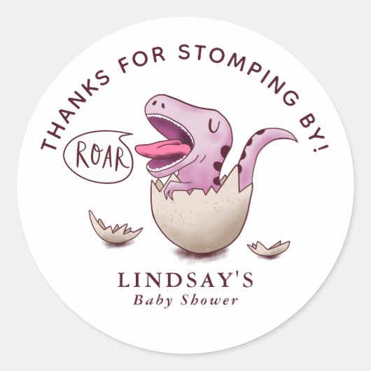 Sticker Rond Merci pour Stomping By Dinosaur Baby shower rose (Devant)