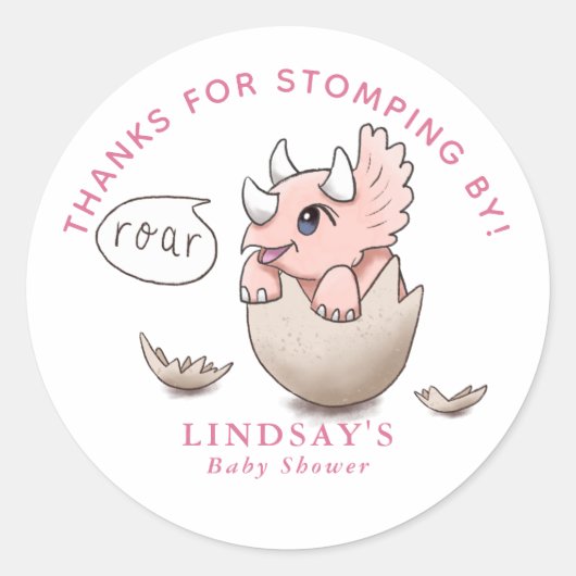 Sticker Rond Merci pour Stomping By Dinosaur Girl Baby shower (Devant)